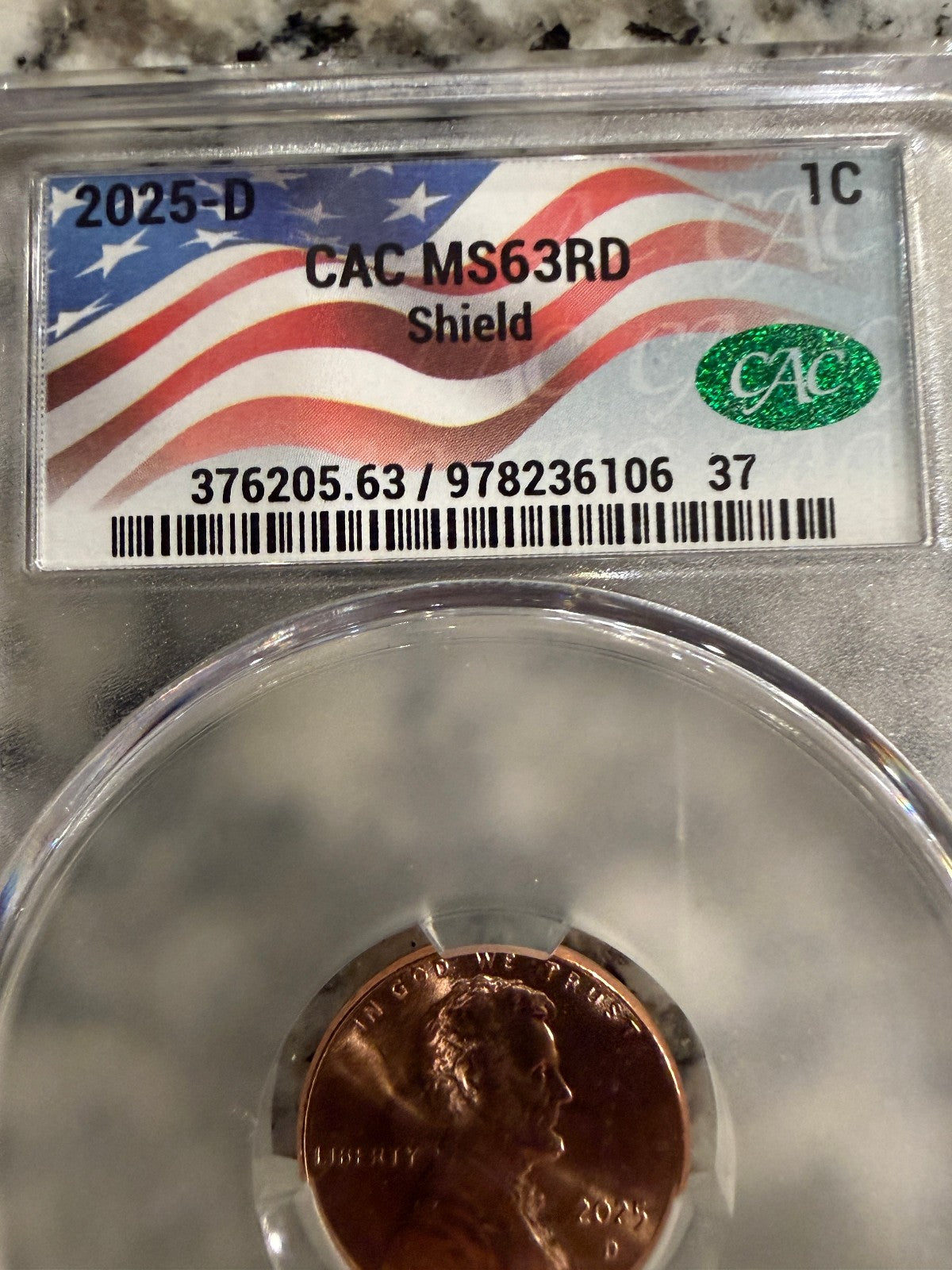 2025-D Lincoln Shield Cent CAC MS63RD Prooflike Certified Red Penny