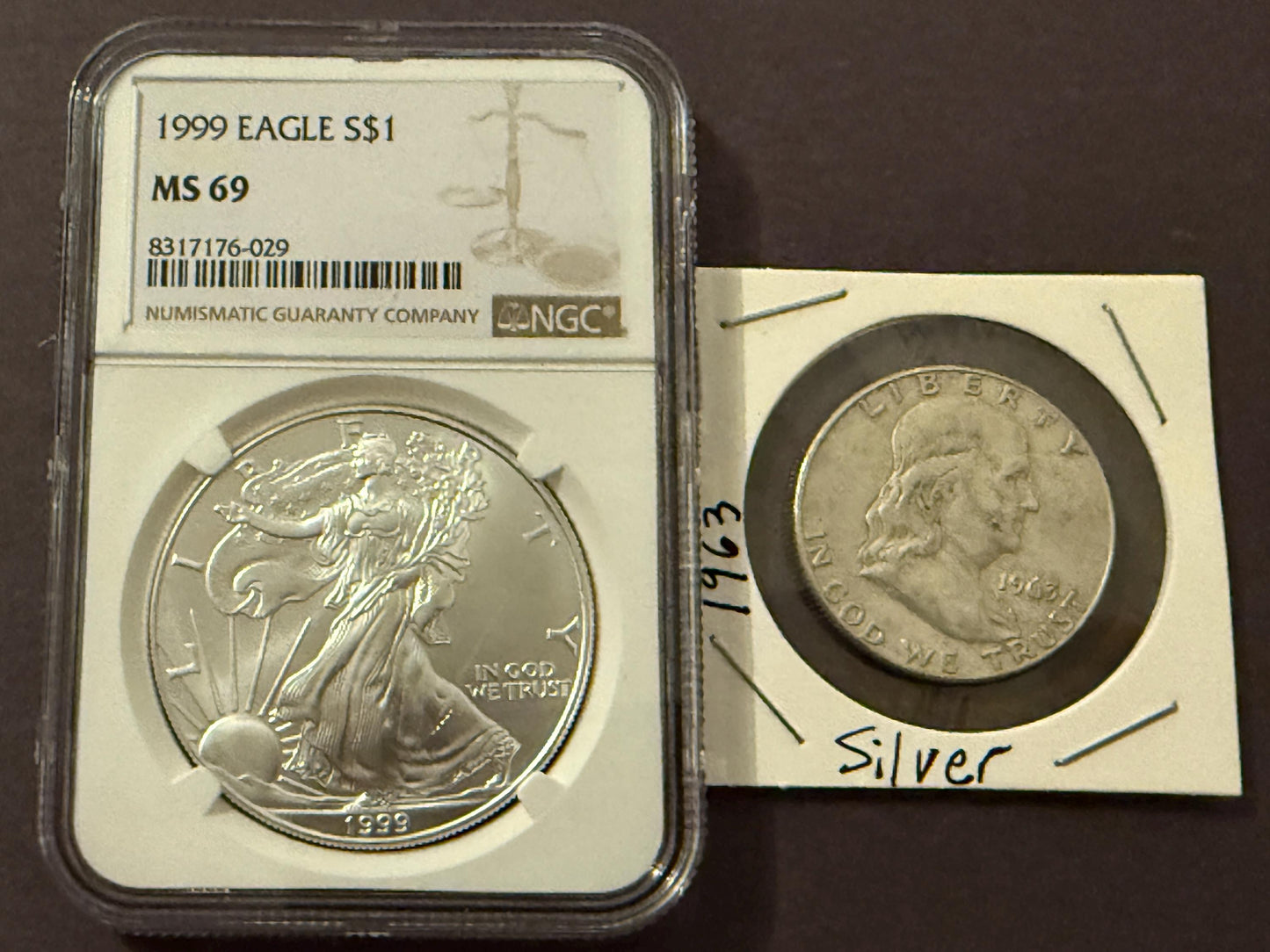 1999 Silver Eagle NGC .999 Fine + 1963 Franklin Half Dollar 90% Silver
