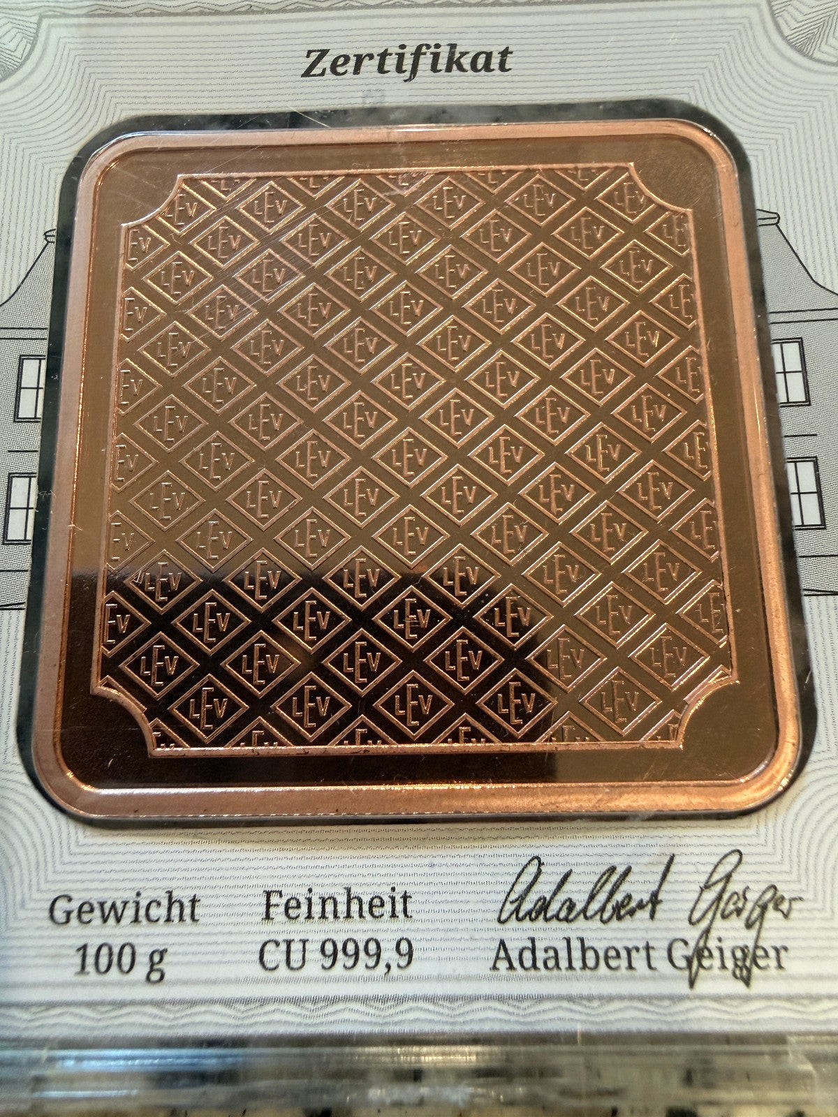 Geiger Edelmetalle 100 Gram Copper Bar 999.9 Fine Copper Original Premium