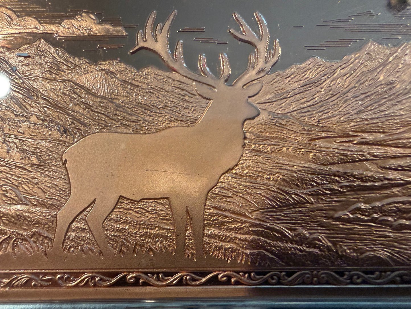 10 AVDP oz .999 Fine Copper Elk Landscape Art Bullion Bar with Colorized Forest