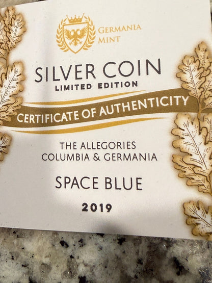 2019 Germania Mint Allegories Columbia Germania Space Blue 1oz Silver Coin