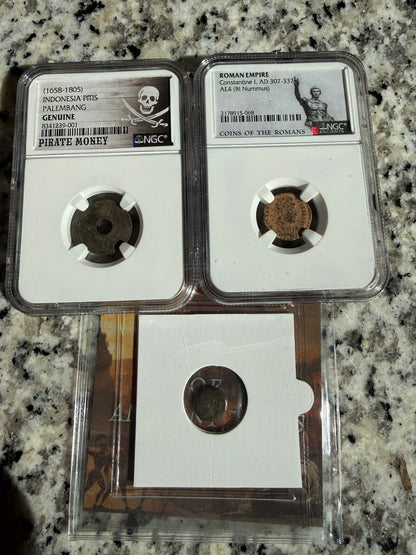 Ancient Coin Three Pack NGC Certified Pirate Money Indonesia Pitis