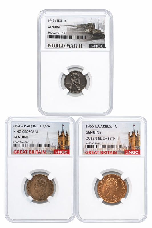 1943 Steel Cent WWII NGC Genuine & 1945-46 India 1/2 Anna King George VI
