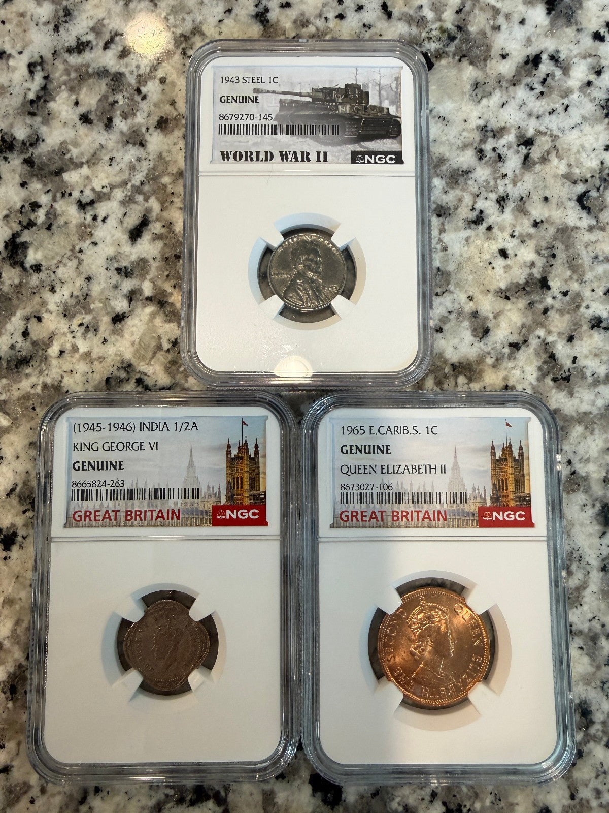 1943 Steel Cent WWII NGC Genuine & 1945-46 India 1/2 Anna King George VI