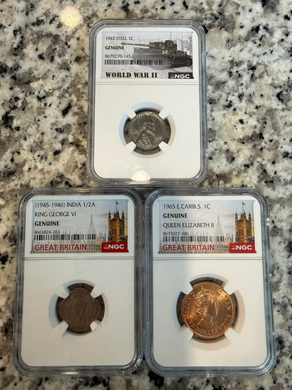 1943 Steel Cent WWII NGC Genuine & 1945-46 India 1/2 Anna King George VI