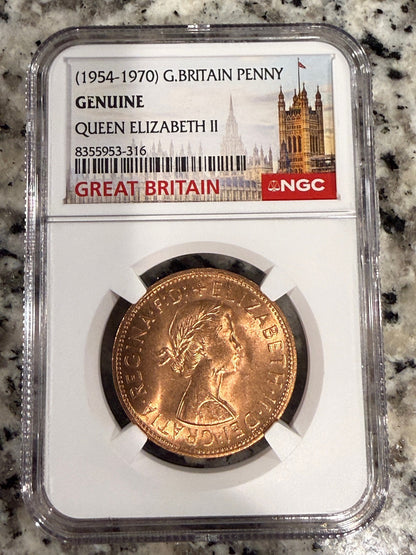 1954–1970 Great Britain Penny Queen Elizabeth II NGC Graded Slabbed Coin