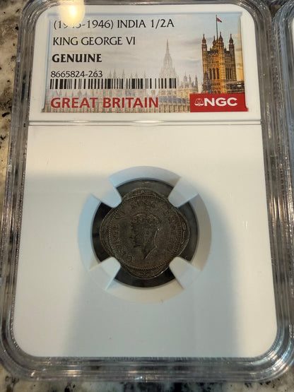 1943 Steel Cent WWII NGC Genuine & 1945-46 India 1/2 Anna King George VI
