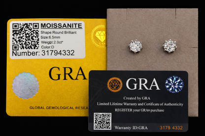 GRA Certified 2.0Ct Color Moissanite Stud Earrings Round Brilliant 6.5mm