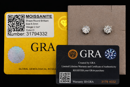 GRA Certified 2.0Ct Color Moissanite Stud Earrings Round Brilliant 6.5mm