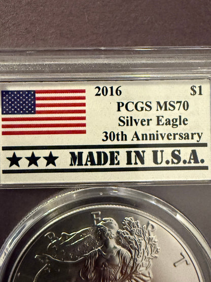 2016 American Silver Eagle PCGS MS70 First Strike 30th Anniversary Coin