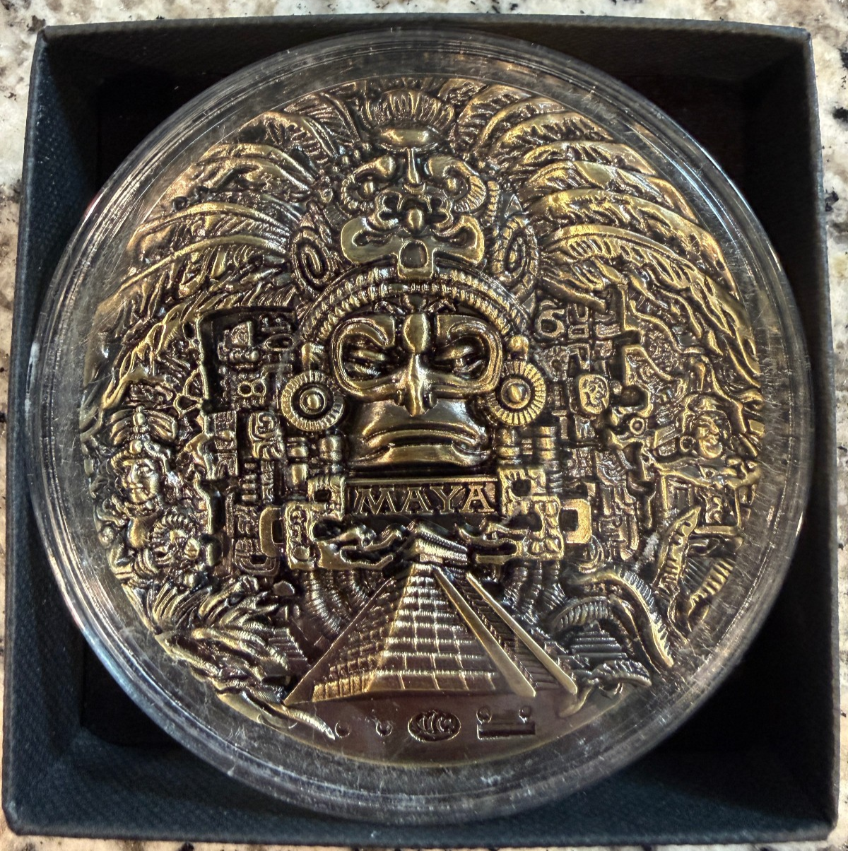 Mayan 5 oz Brass Coin Aztec Calendar Medallion with Display Case