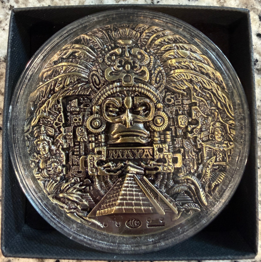Mayan 5 oz Brass Coin Aztec Calendar Medallion with Display Case