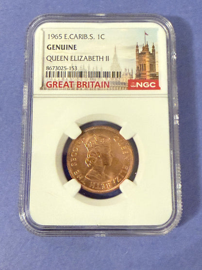 1965 Eastern Caribbean 1 Cent NGC Genuine Queen Elizabeth II Coin