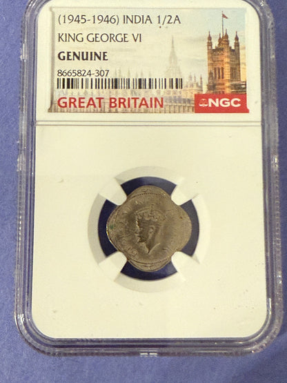 1945-46 India 1/2 Anna King George VI NGC Genuine British India Coin