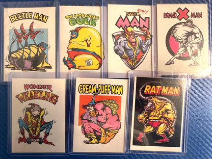 Vintage Superhero Parody Trading Cards Lot 7 Sticker Set Beetle Comic Cards