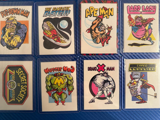 Vintage Superhero Parody Sticker Cards Lot 8 Card Set Put Down Man