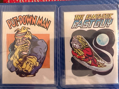 Vintage Superhero Parody Sticker Cards Lot 8 Card Set Put Down Man