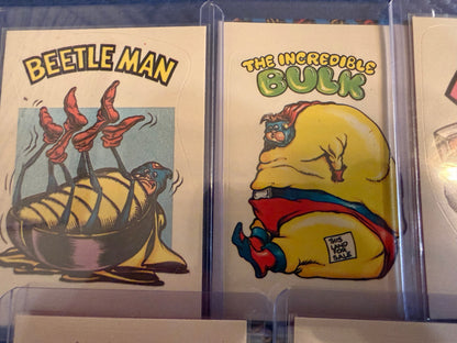 Vintage Superhero Parody Trading Cards Lot 7 Sticker Set Beetle Comic Cards