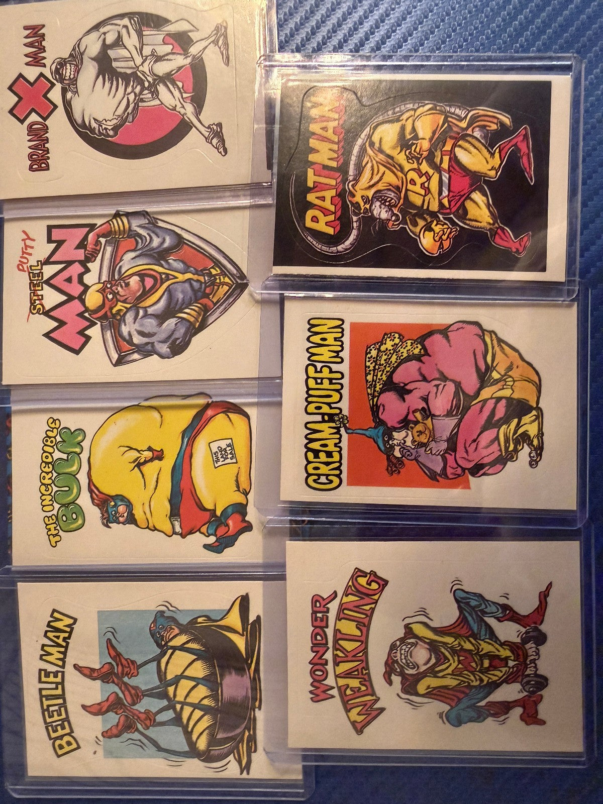 Vintage Superhero Parody Trading Cards Lot 7 Sticker Set Beetle Comic Cards