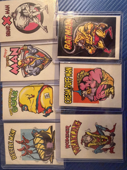 Vintage Superhero Parody Trading Cards Lot 7 Sticker Set Beetle Comic Cards