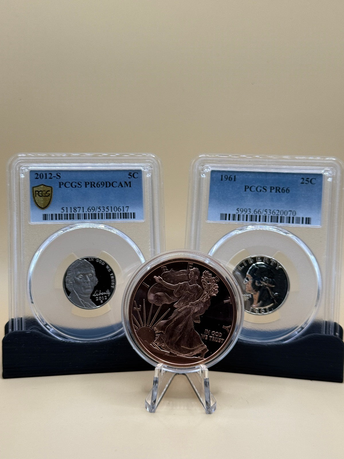 1961 PR66 Silver Washington Quarter & 2012-S PR69DCAM Jefferson PCGS Set