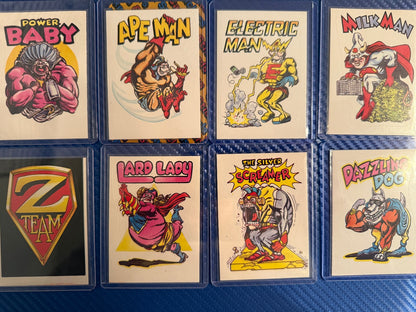 Vintage Power Baby Superhero Parody Sticker Cards 8 Card Set Lot