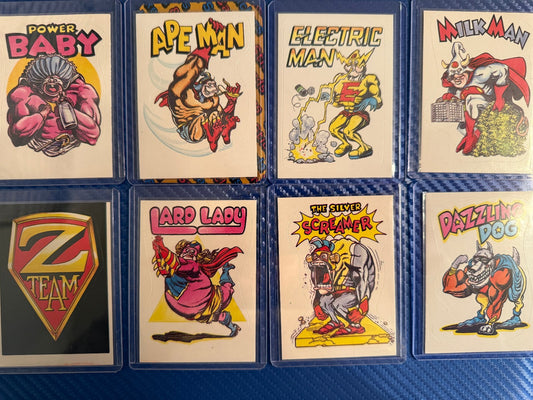 Vintage Power Baby Superhero Parody Sticker Cards 8 Card Set Lot