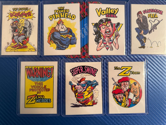 Vintage Superhero Parody Sticker Cards 7 Card Set Silver Screamer Rare