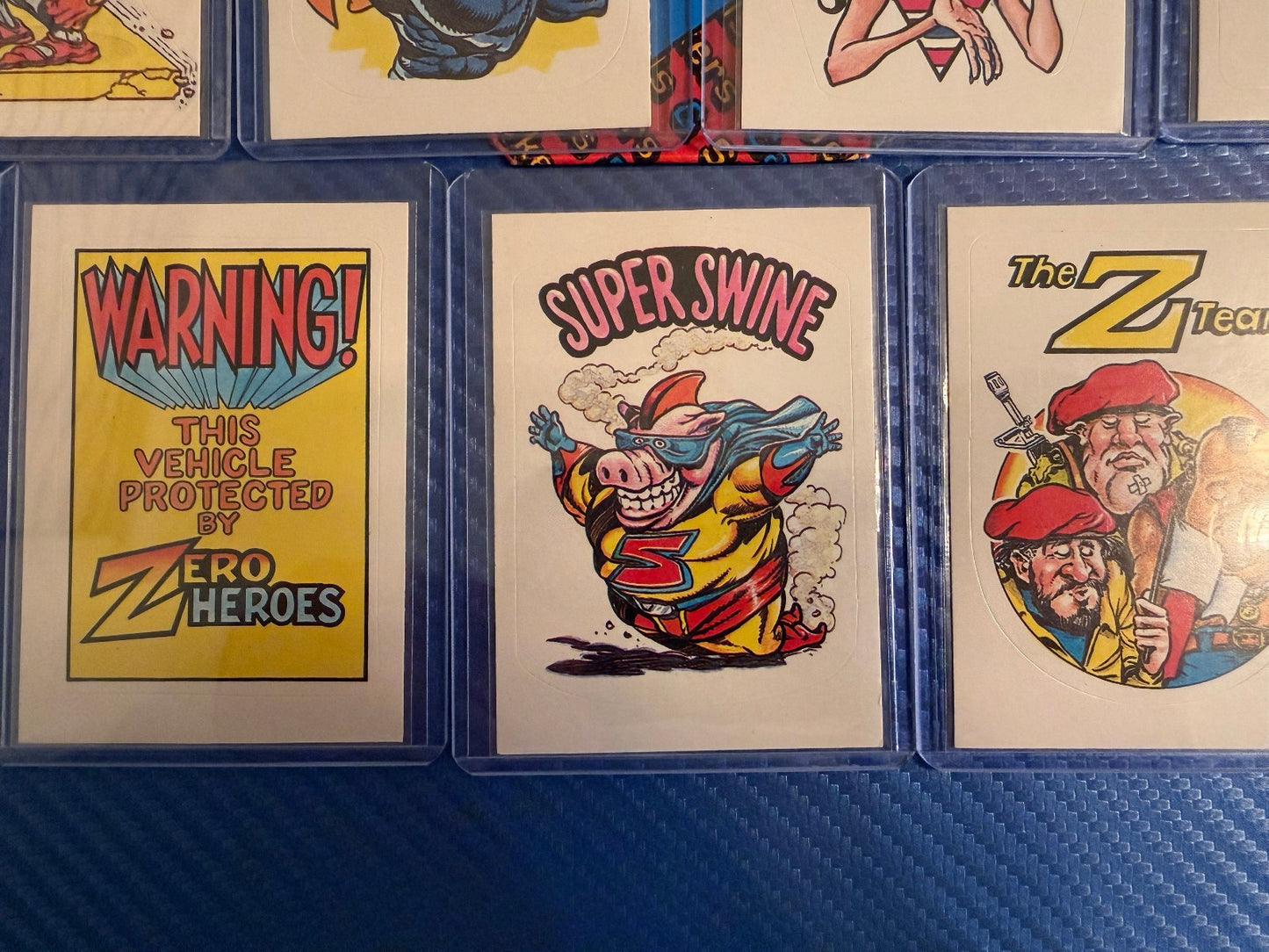 Vintage Superhero Parody Sticker Cards 7 Card Set Silver Screamer Rare