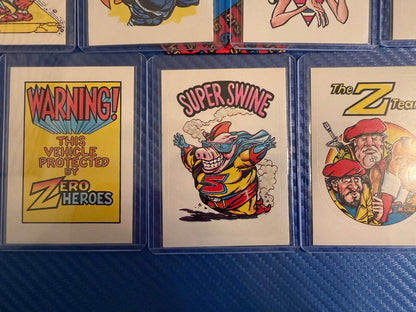 Vintage Superhero Parody Sticker Cards 7 Card Set Silver Screamer Rare