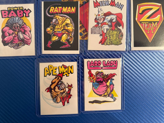 Vintage Superhero Parody Sticker Cards Lot 6 Card Set Power Baby Collectible