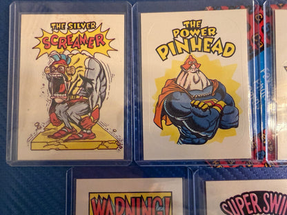 Vintage Superhero Parody Sticker Cards 7 Card Set Silver Screamer Rare