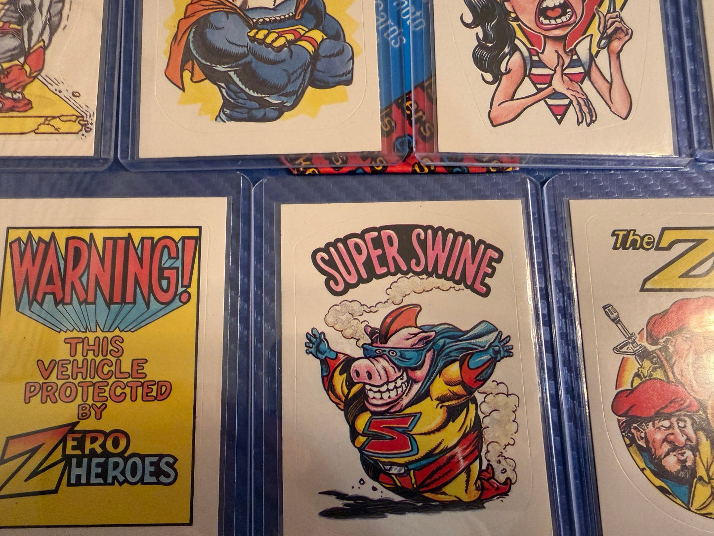 Vintage Superhero Parody Sticker Cards 7 Card Set Silver Screamer Rare