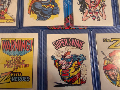 Vintage Superhero Parody Sticker Cards 7 Card Set Silver Screamer Rare