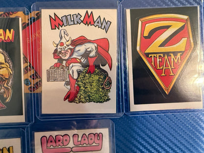 Vintage Superhero Parody Sticker Cards Lot 6 Card Set Power Baby Collectible