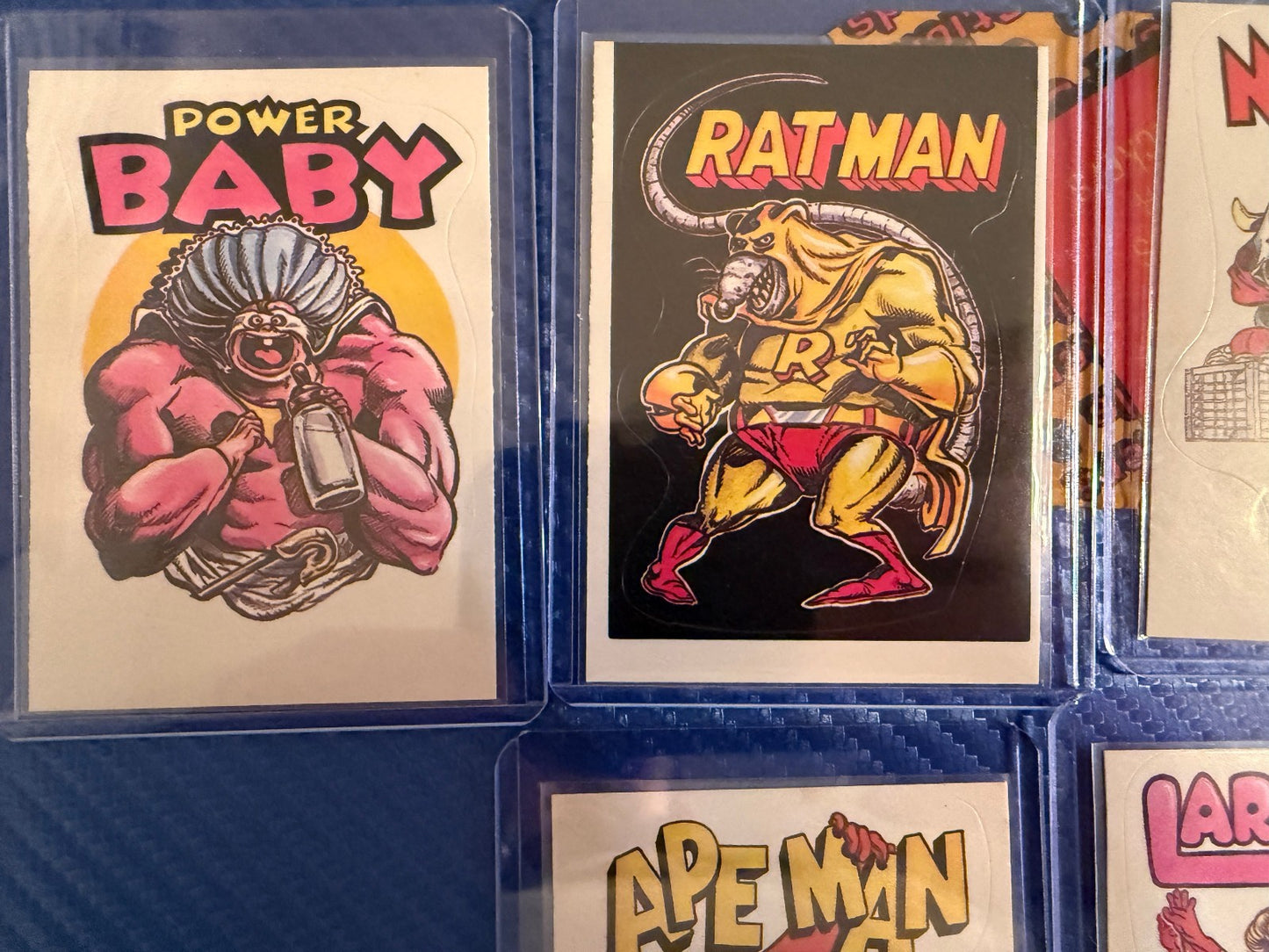Vintage Superhero Parody Sticker Cards Lot 6 Card Set Power Baby Collectible