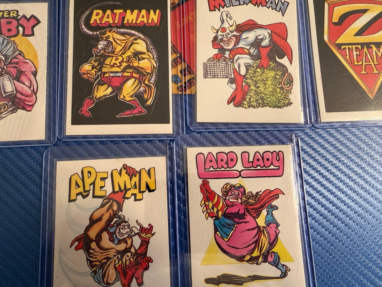 Vintage Superhero Parody Sticker Cards Lot 6 Card Set Power Baby Collectible