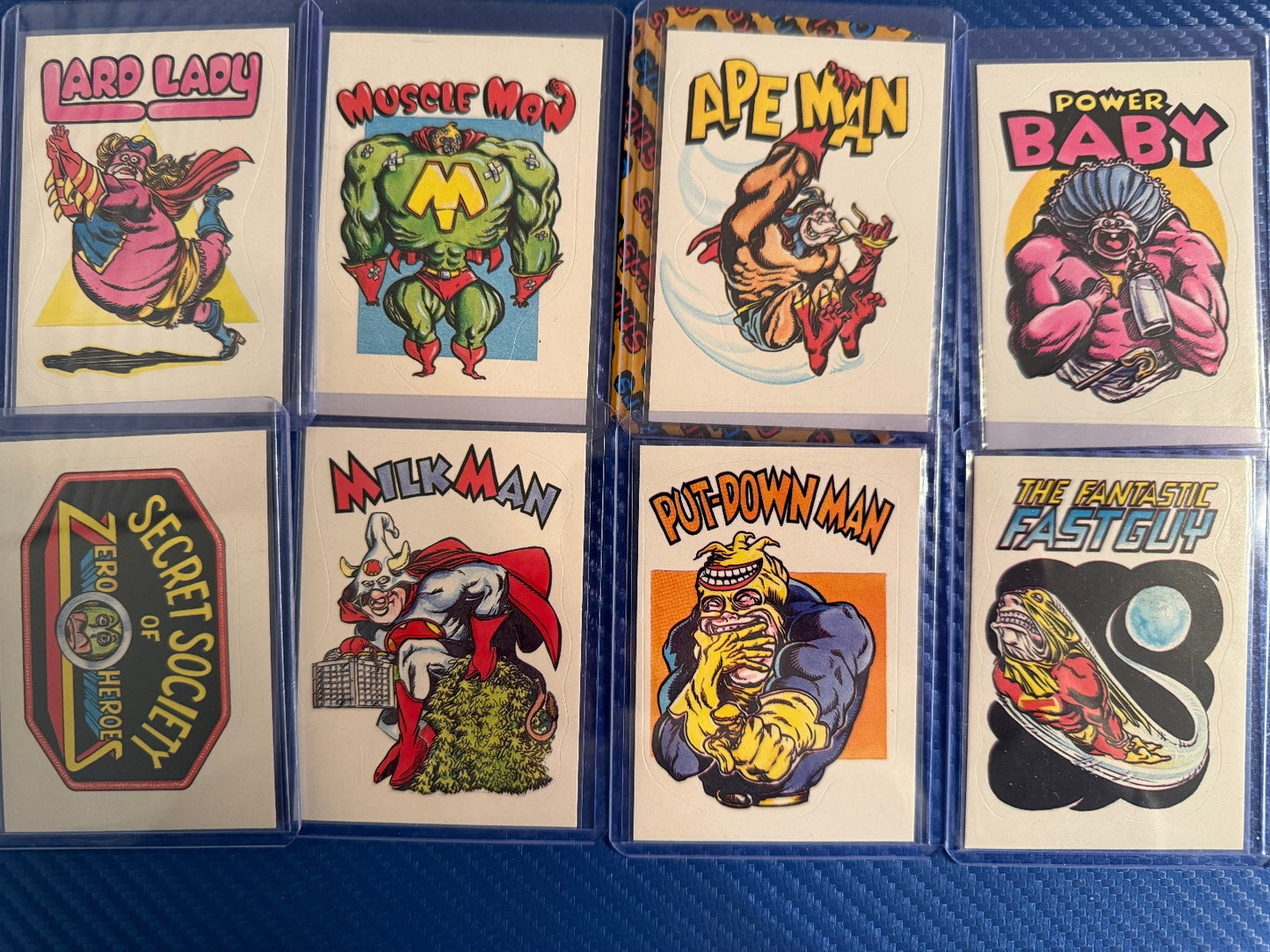 Vintage Superhero Parody Sticker Cards Lot 8 Card Set Lard Lady Collectible
