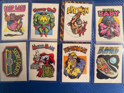 Vintage Superhero Parody Sticker Cards Lot 8 Card Set Lard Lady Collectible