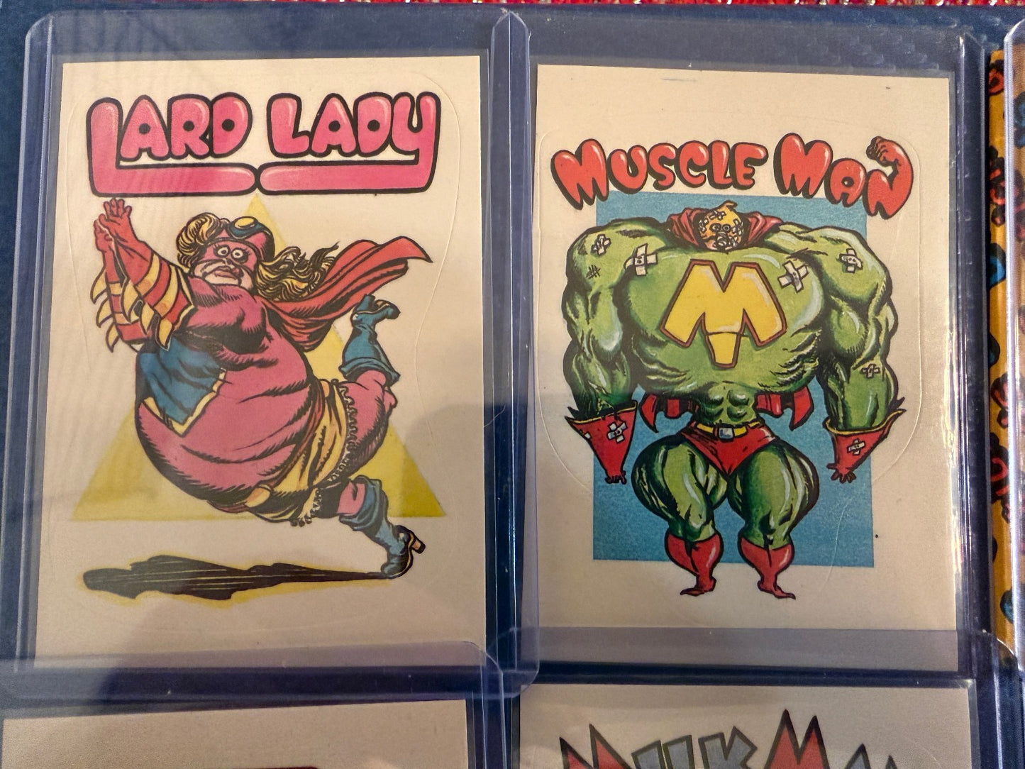 Vintage Superhero Parody Sticker Cards Lot 8 Card Set Lard Lady Collectible