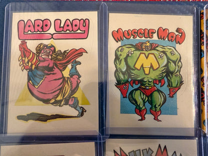 Vintage Superhero Parody Sticker Cards Lot 8 Card Set Lard Lady Collectible