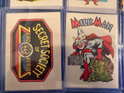 Vintage Superhero Parody Sticker Cards Lot 8 Card Set Lard Lady Collectible