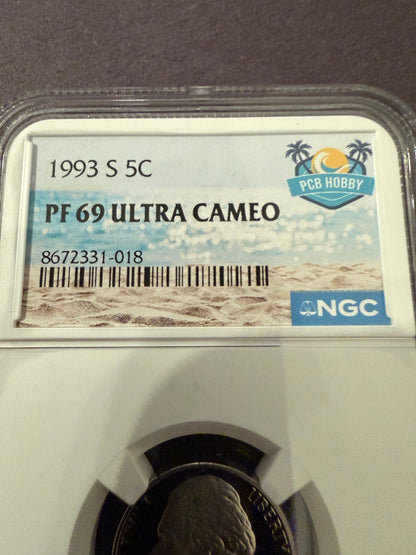1993-S Jefferson Nickel PF69 Ultra Cameo NGC Proof 5C Certified Coin