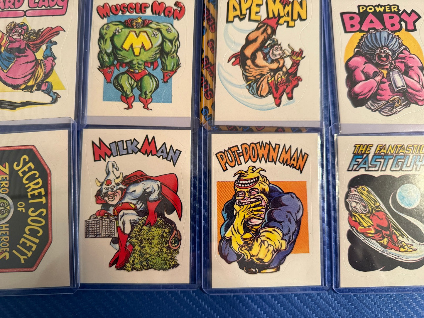 Vintage Superhero Parody Sticker Cards Lot 8 Card Set Lard Lady Collectible