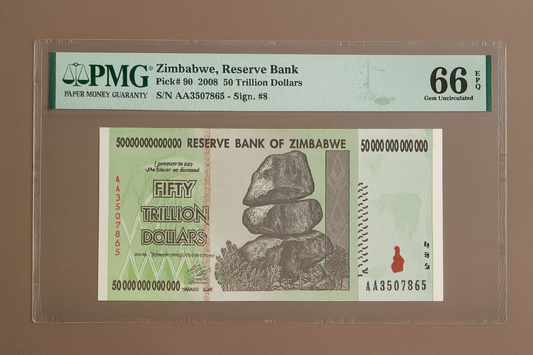 Zimbabwe 50 Trillion Dollar Note PMG 66 EPQ 2008 Pick 90 Gem Unc
