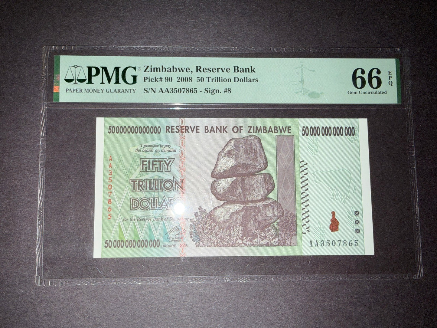 Zimbabwe 50 Trillion Dollar Note PMG 66 EPQ 2008 Pick 90 Gem Unc