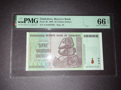 Zimbabwe 50 Trillion Dollar Note PMG 66 EPQ 2008 Pick 90 Gem Unc