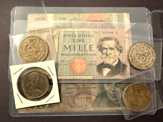 World Coin Lot 7 Piece Mexico 10 Pesos Silver + Mixed Foreign Currency