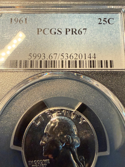 1961 Washington Silver Quarter PCGS PR67 Proof Deep Mirror 25C Certified