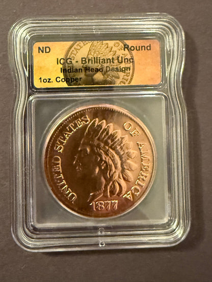 1 oz Copper Round Indian Head Cent Style ICG Brilliant Uncirculated